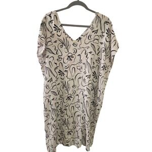 World Market Abstract Face Print V Neck Kaftan Tunic Dress Beige Black